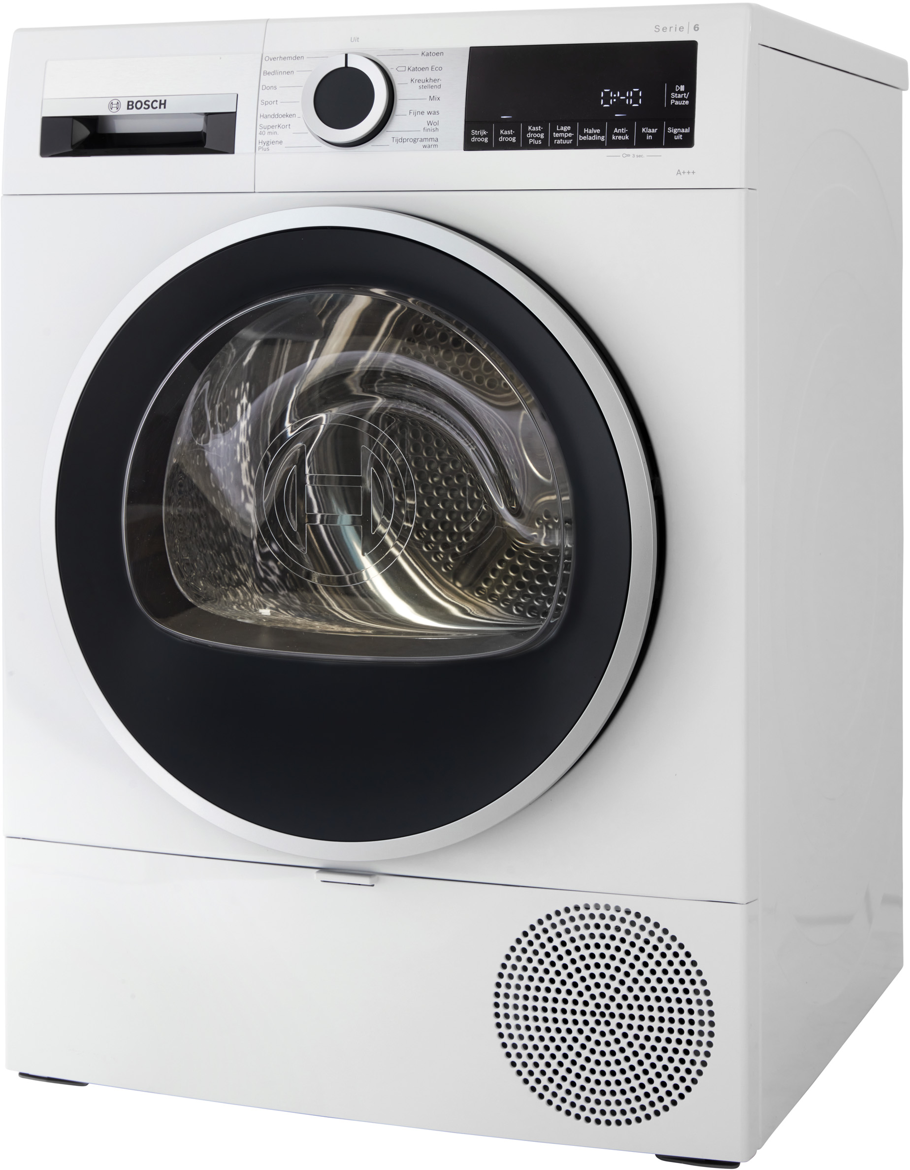 Witte Bosch Series 6 droger, vooraanzicht, met zwarte deur en bedieningspaneel.