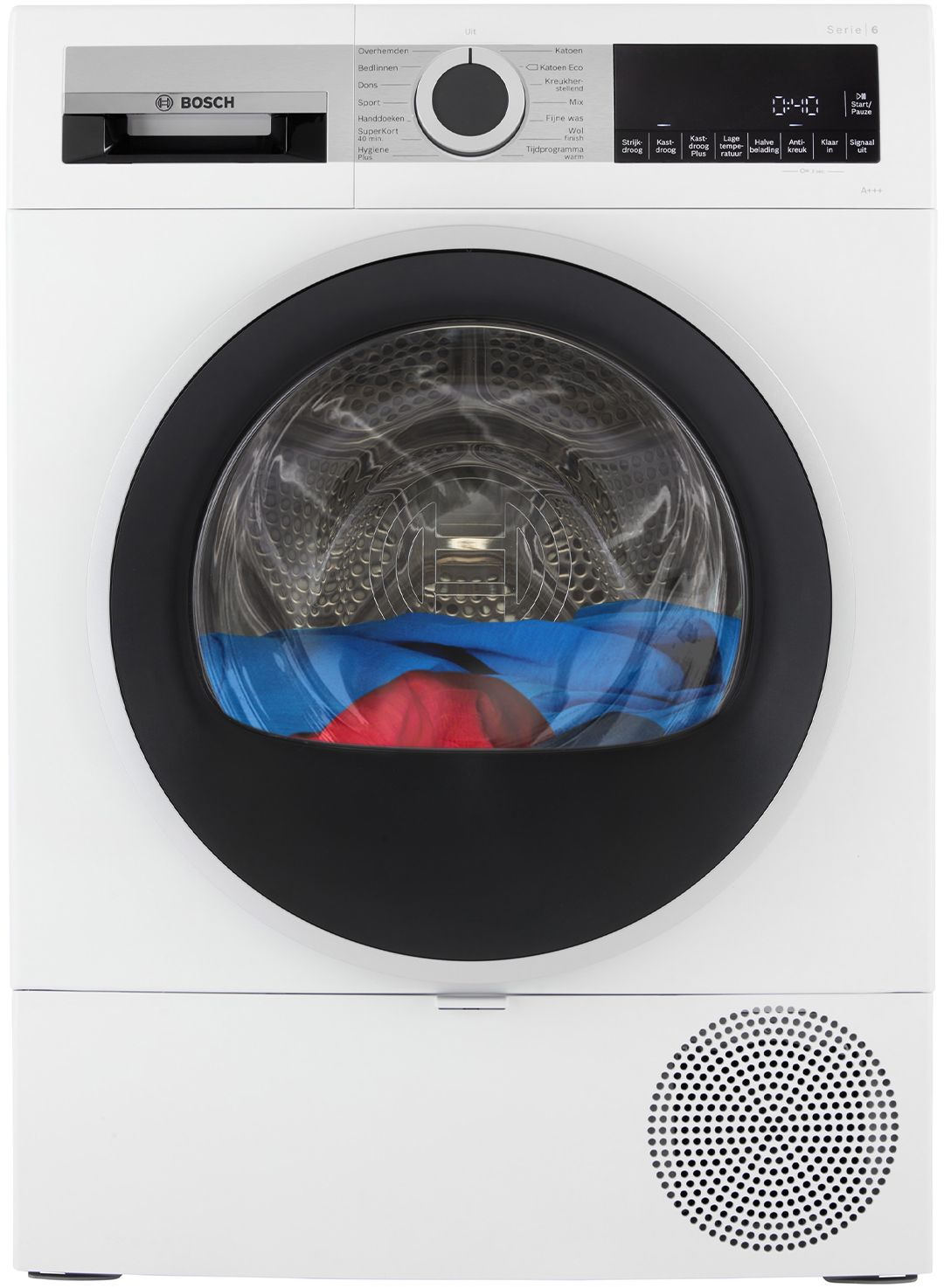 Witte Bosch droger met zwarte deur en zicht op kleding.
