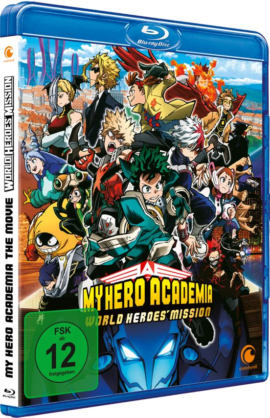 Eine blaue DVD-Hülle für My Hero Academia: World Heroes' Mission, mit mehreren Zeichentrickfiguren darauf.