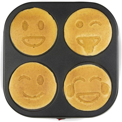 Gaufrier avec quatre gaufres en forme de smiley. Chaque gaufre a une expression différente.