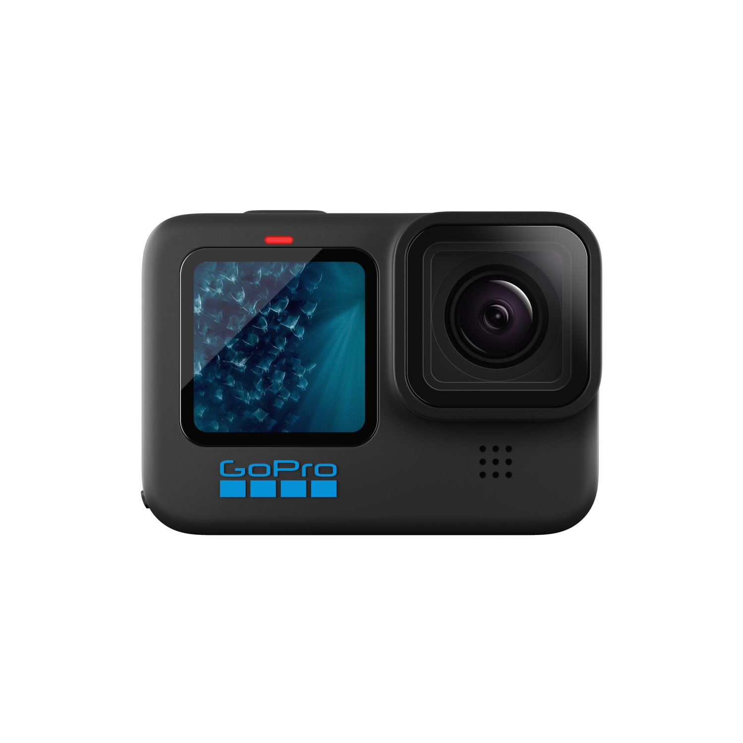 Zwarte GoPro-camera met lens en een scherm met blauwe graphics. Het GoPro-logo is zichtbaar.