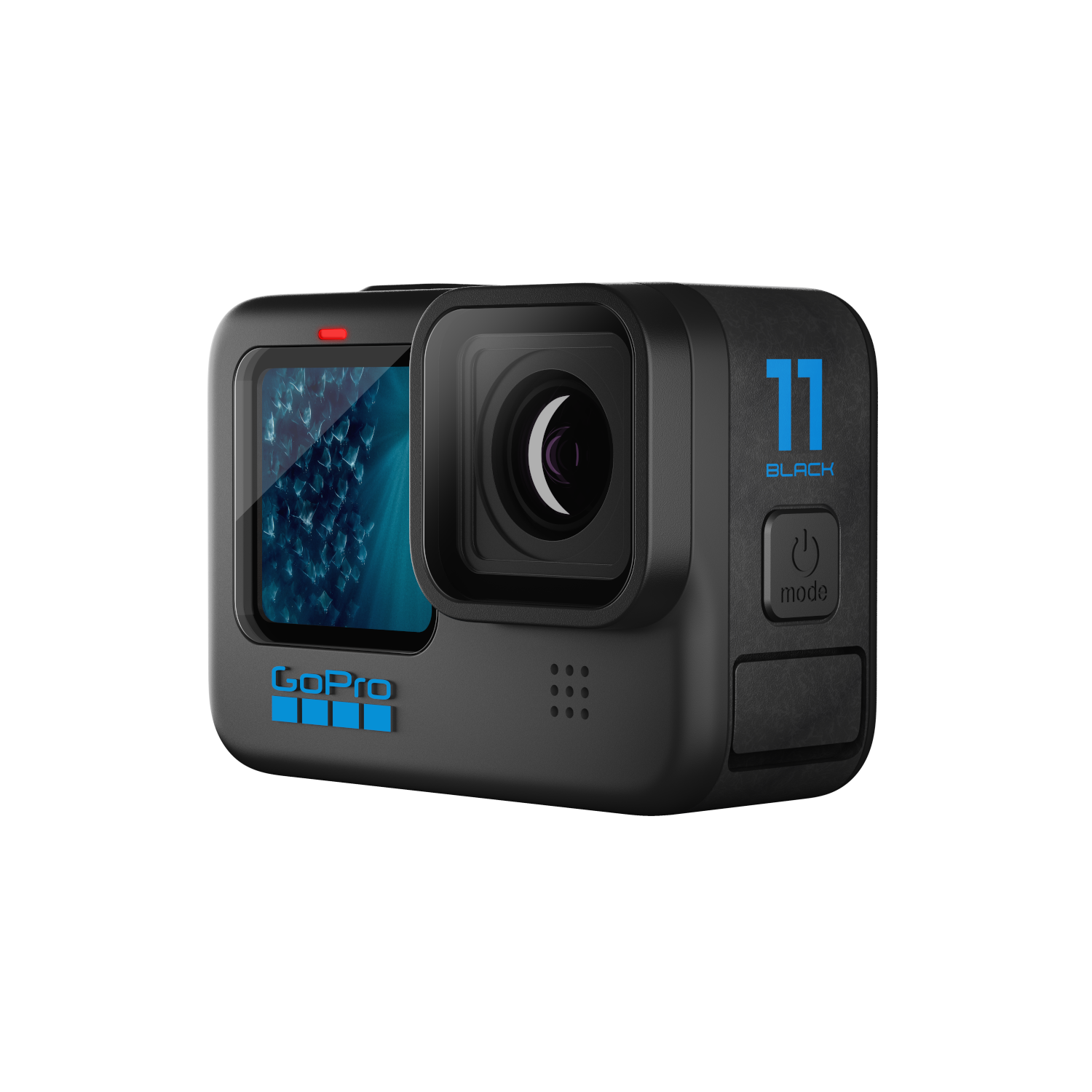 Een zwarte GoPro Hero 11 Black actiecamera met scherm, knoppen en het GoPro-logo.