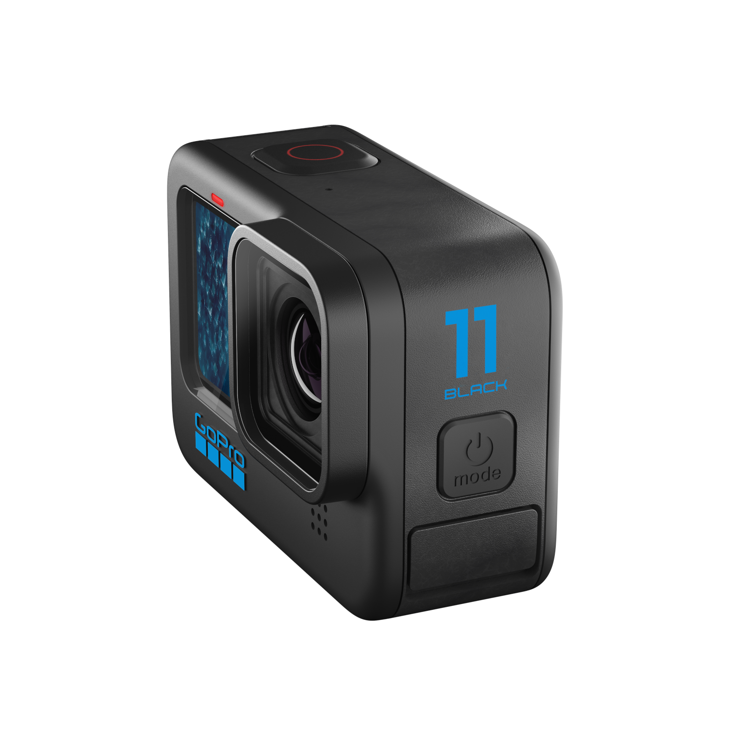 Zwarte GoPro 11 Black camera met een blauwe '11' en 'GoPro' logo, met een modeknop.