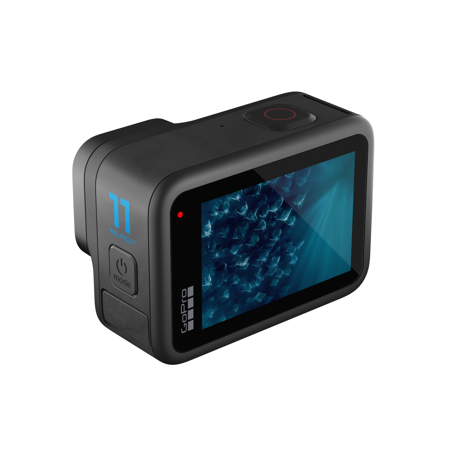 Een zwarte GoPro-camera. Hij heeft een scherm met een onderwaterscène en het GoPro-logo.