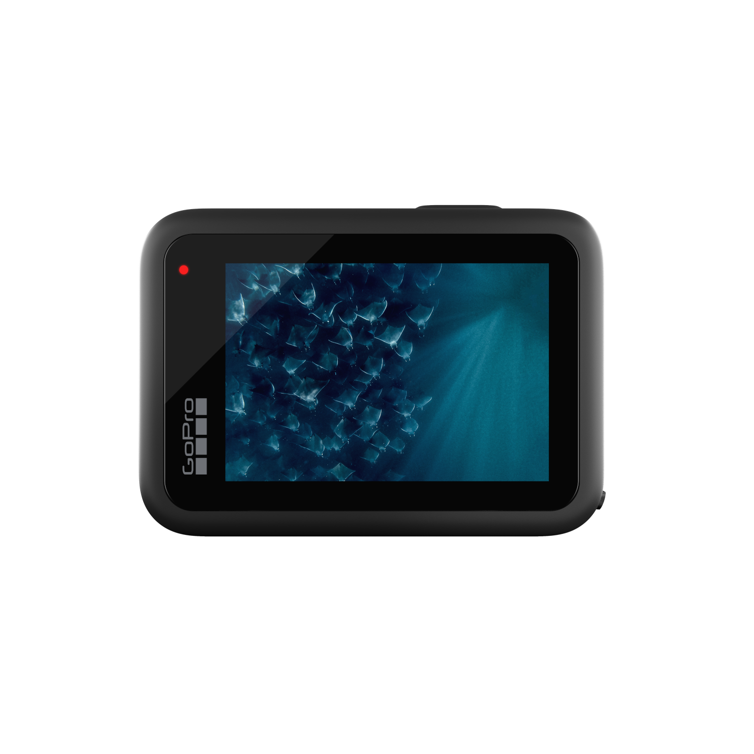 GoPro camerascherm met een onderwaterscène met lichtstralen.
