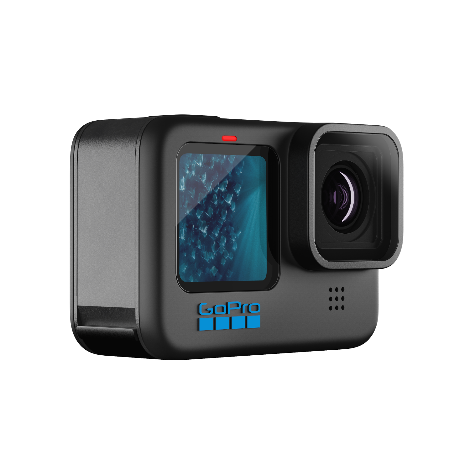 Zwarte GoPro-camera met een scherm en een lens. Het staat op een zwarte achtergrond.