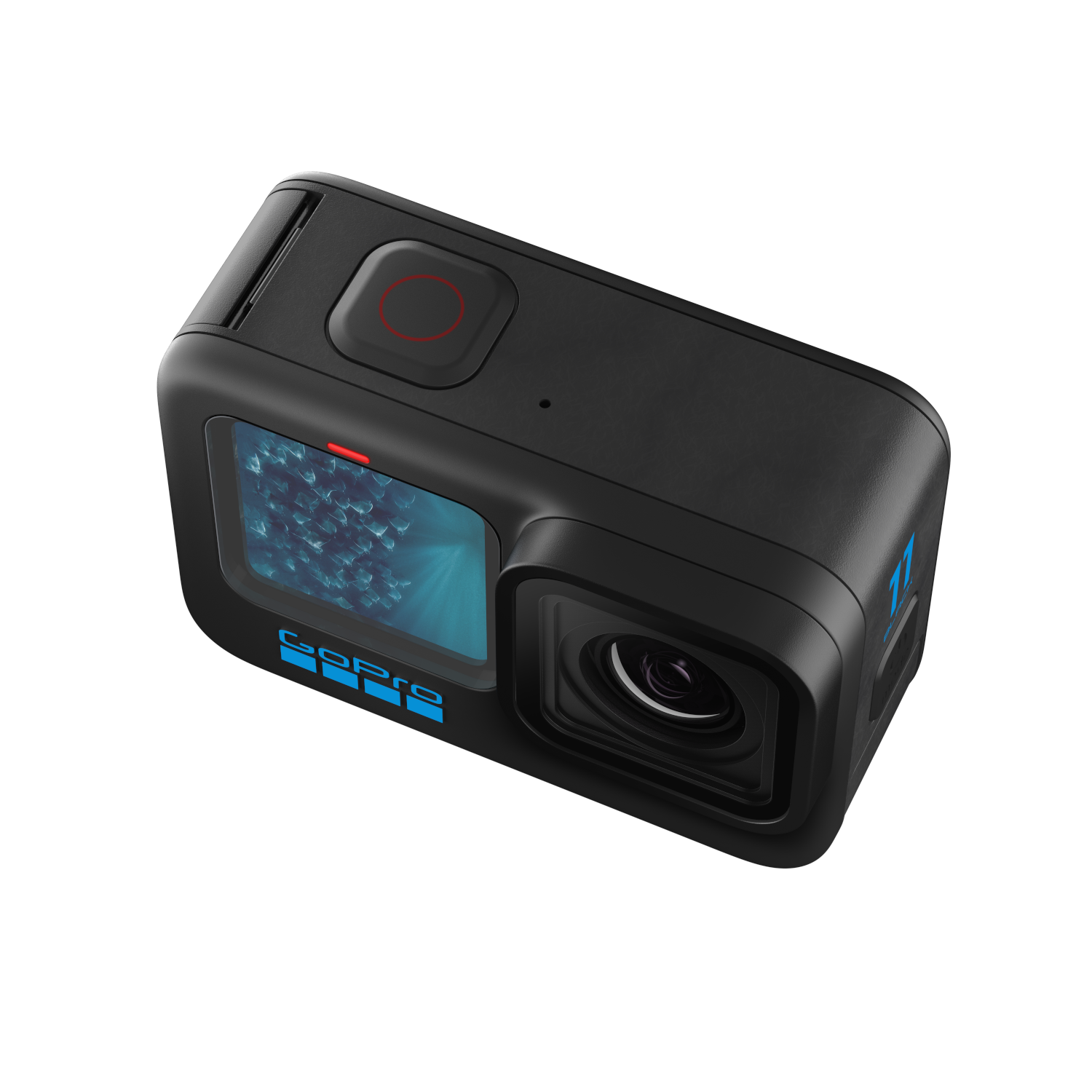 Zwarte GoPro-camera. De voorkant heeft een lens en een scherm. De merknaam is GoPro.