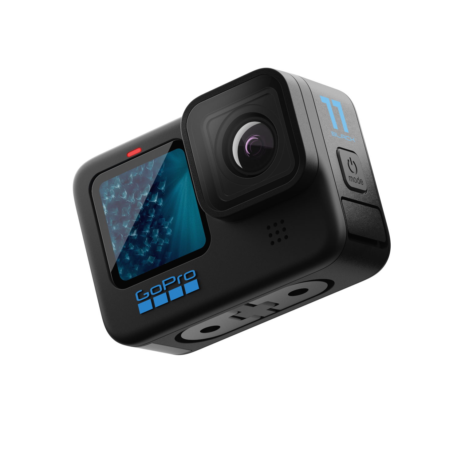 Zwarte GoPro-camera, iets schuin, op een zwarte achtergrond.