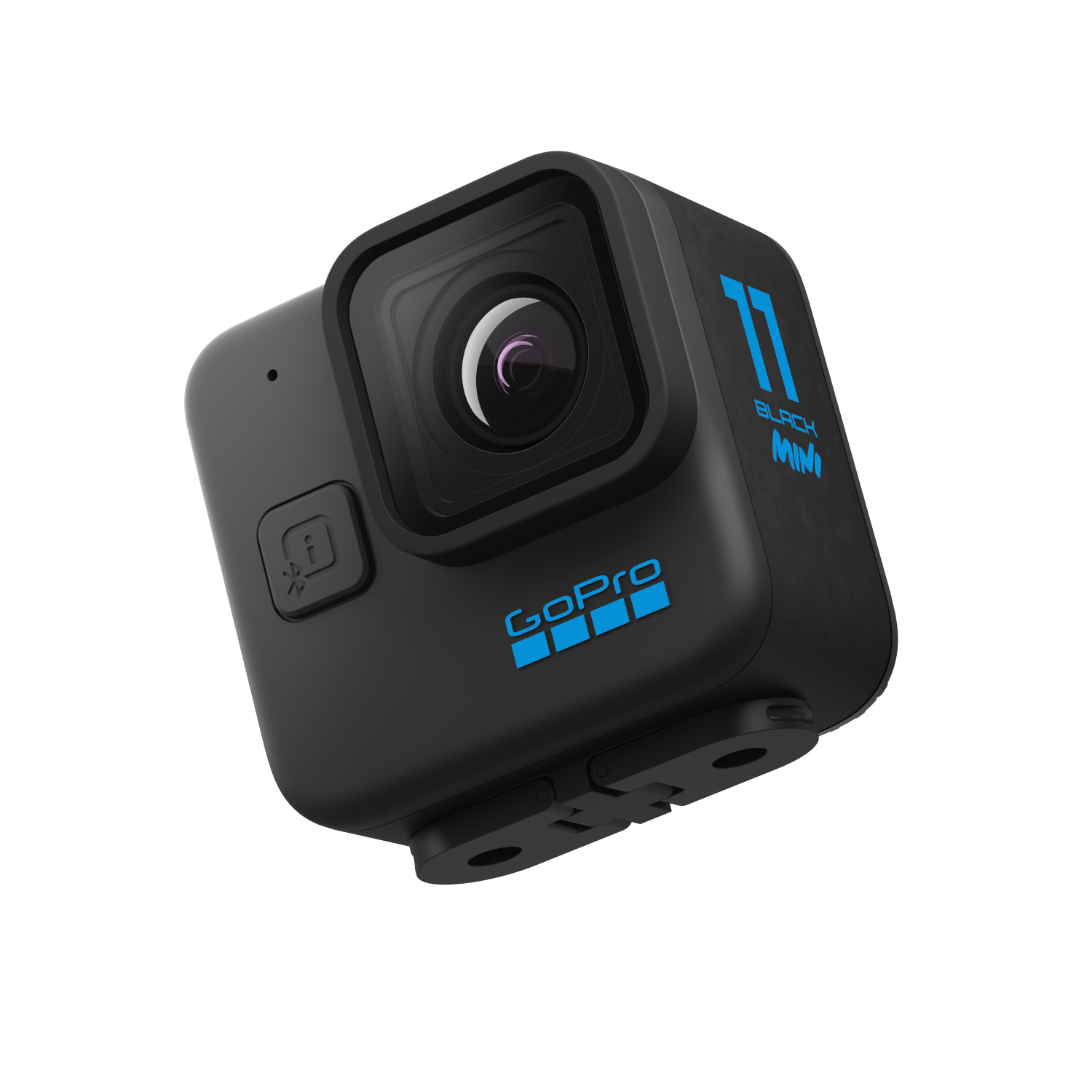 Zwarte GoPro action camera, met een lens, een knop en het nummer 11 op een zwarte achtergrond.