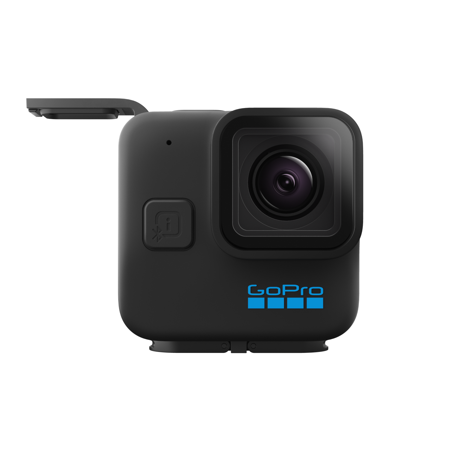 Zwarte GoPro-camera met open lenskap, op een zwarte achtergrond. Het GoPro-logo is blauw.