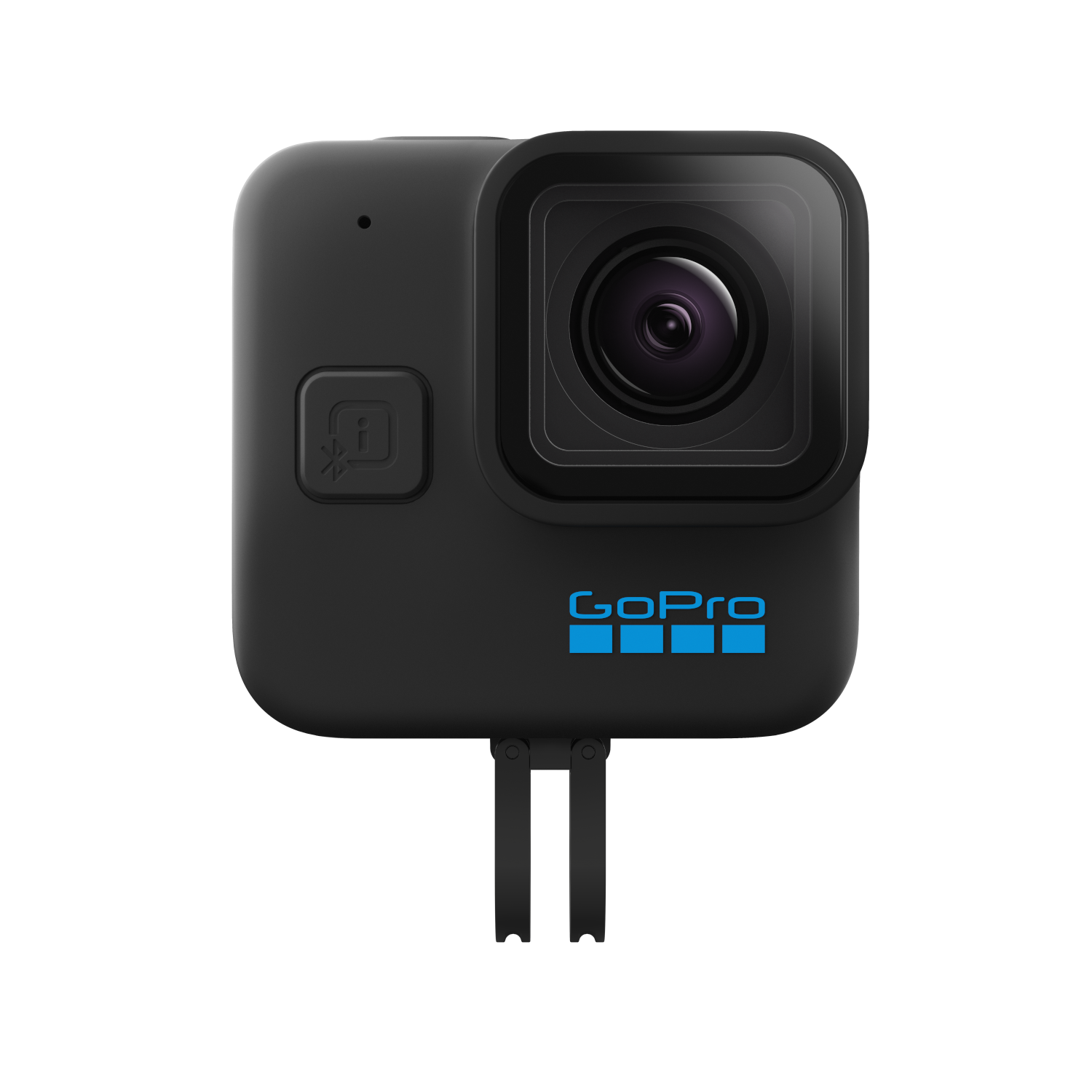 Een zwarte GoPro-camera met een lens, een aan/uit-knop en het GoPro-logo in blauw.