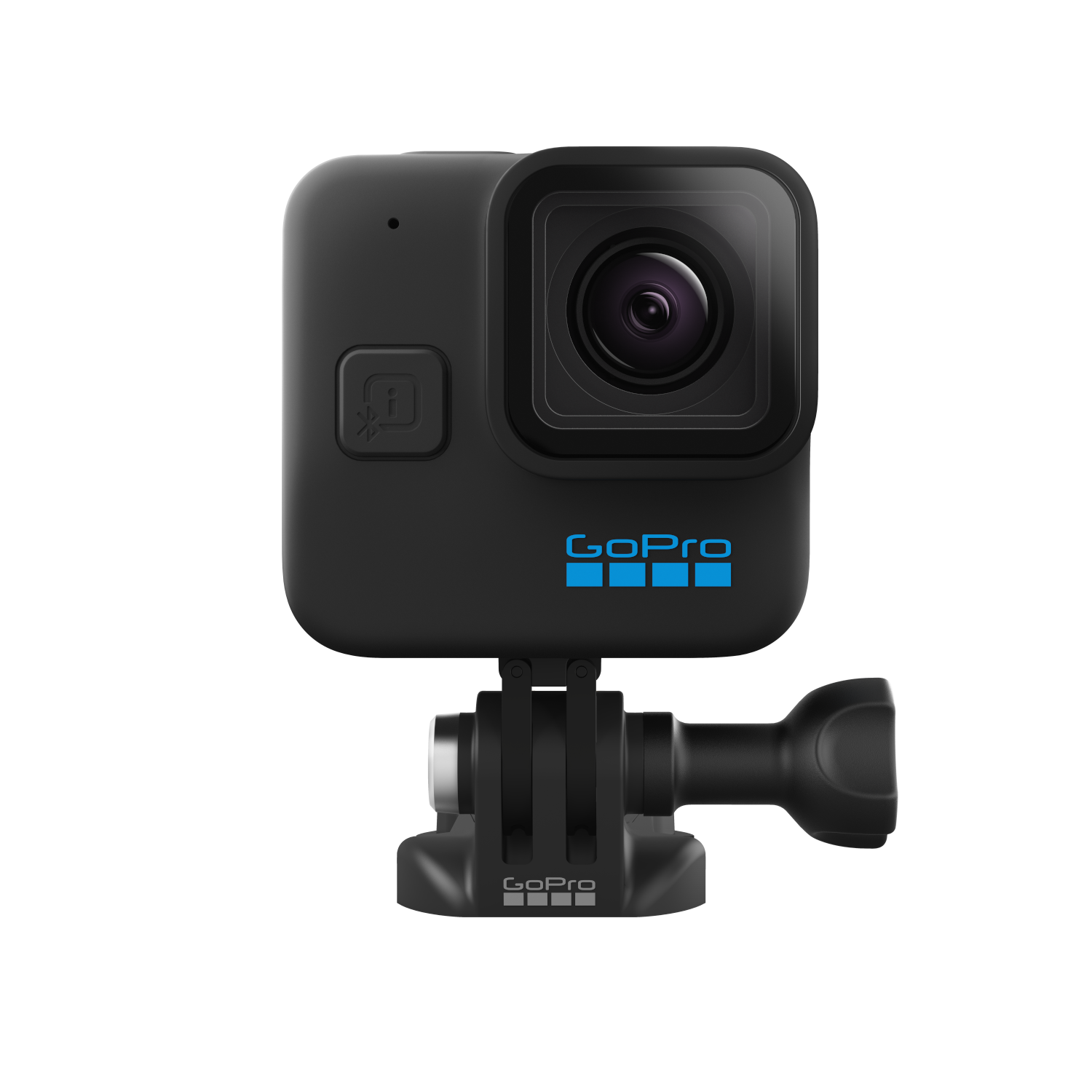 Zwarte GoPro-camera met een lens, LCD-scherm en een bevestiging. Het GoPro-logo staat vooraan.