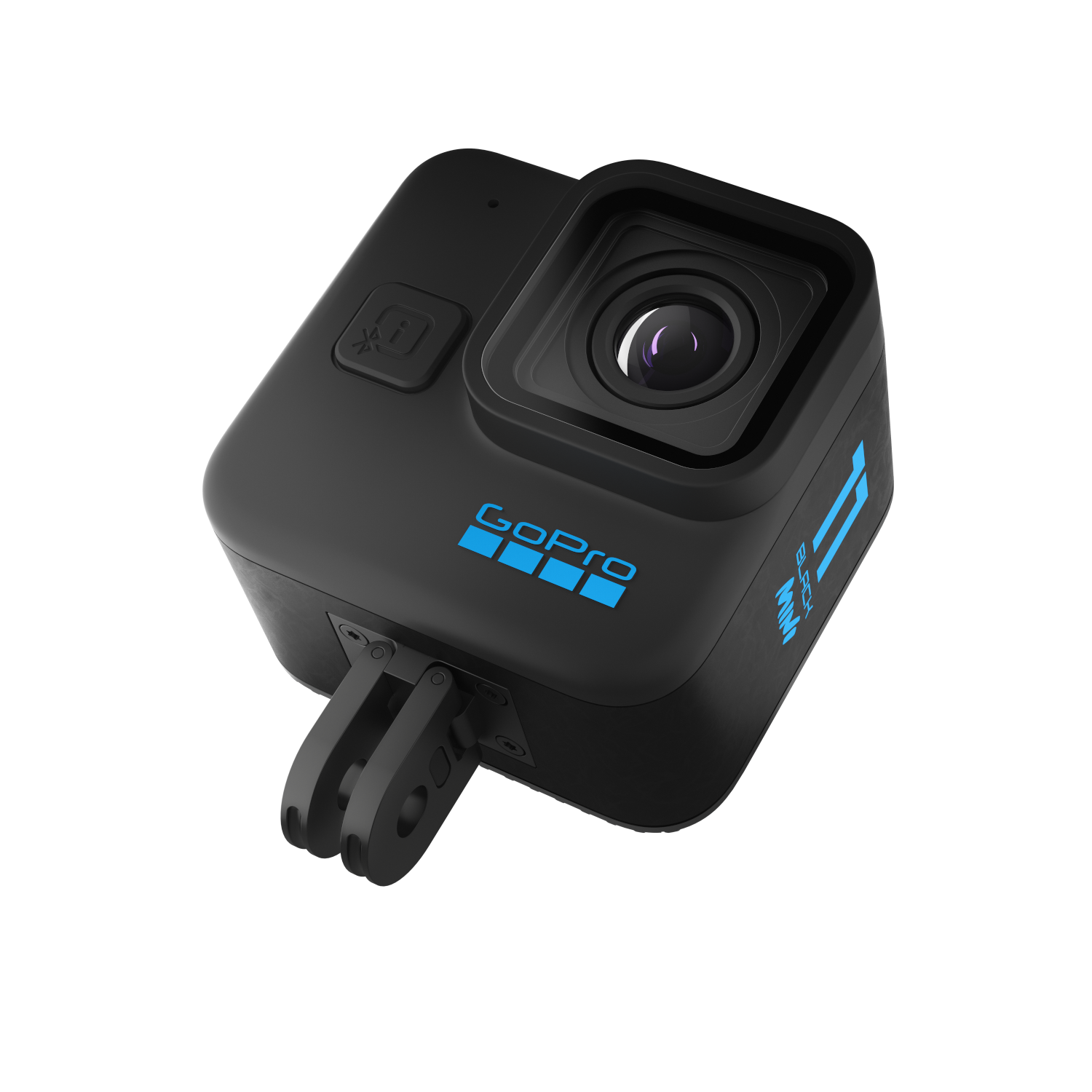 Zwarte GoPro camera, schuine weergave, met een zwarte achtergrond.