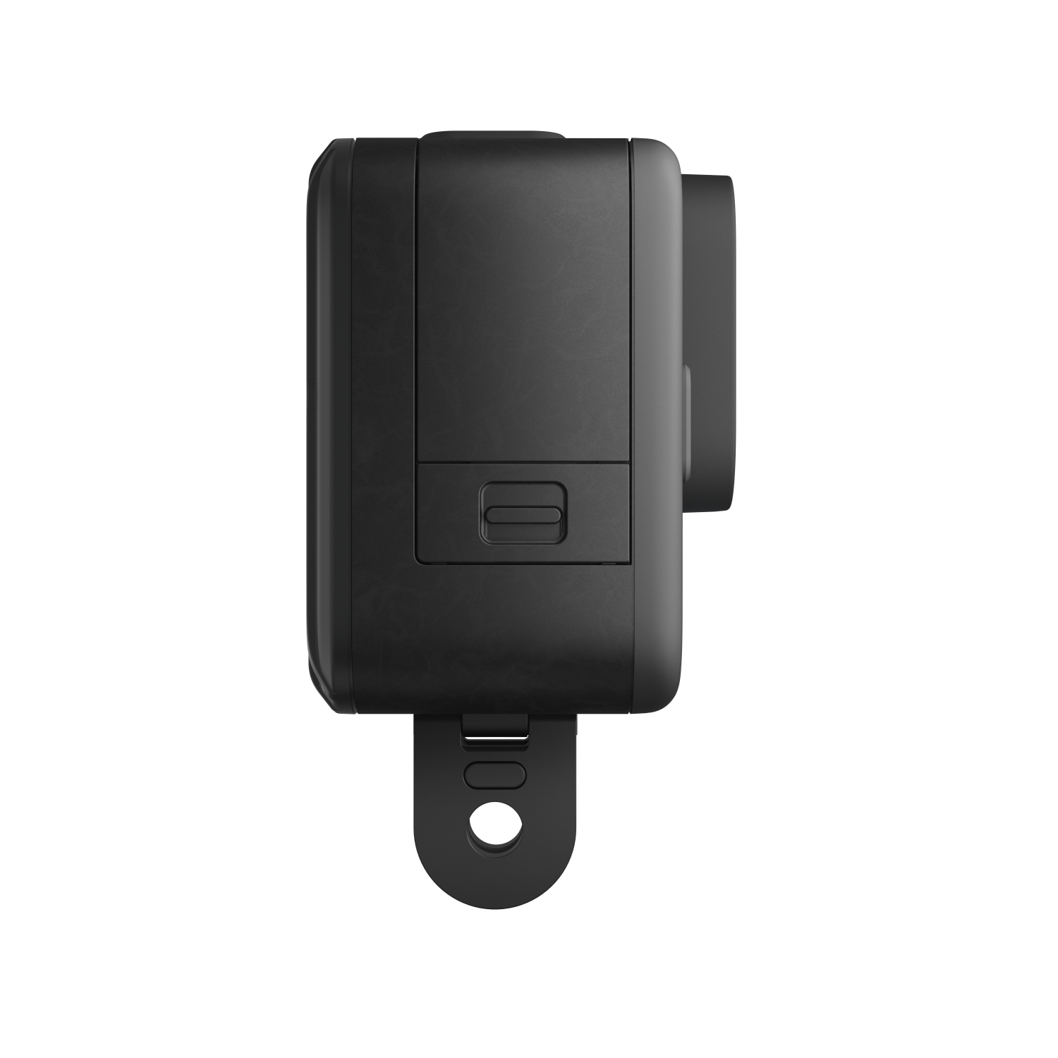 Een zwarte GoPro-camera, zijaanzicht. Toont de zijknoppen en de montagebeugel.