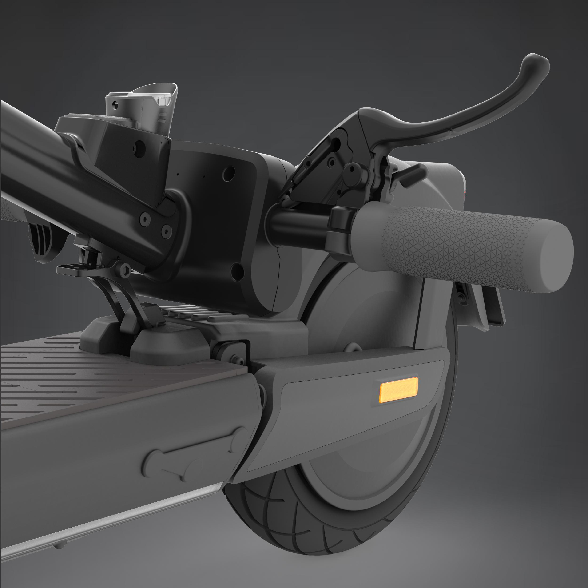 Nahaufnahme des Lenkers, Reifens und Rads eines Rollers mit orangefarbenem Reflektor.