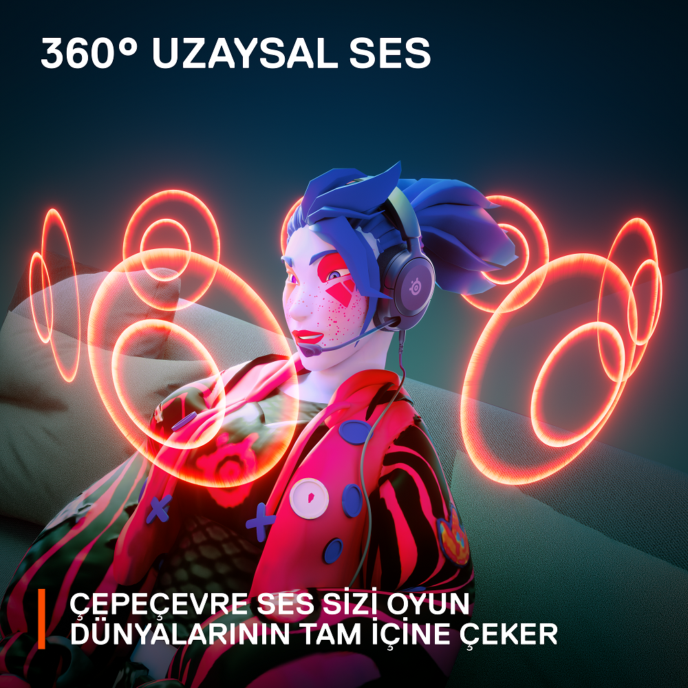 Kulaklık ve oyun kulaklığı takan bir kadın ve ses dalgalarıyla fütüristik bir arka plan.