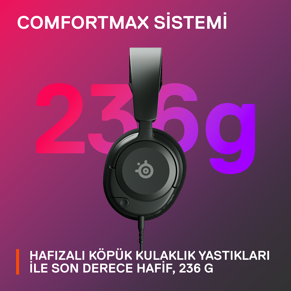 Kablosu olan siyah kulaklık, 236g sayısı görüntüleniyor. Metin de mevcut.