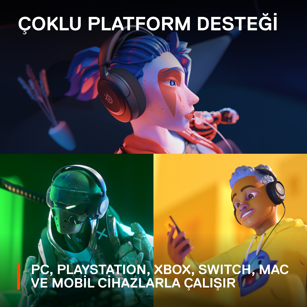 Kulaklıklarla ilgili, birden fazla çizgi film karakterinin yer aldığı bir tanıtım görseli.