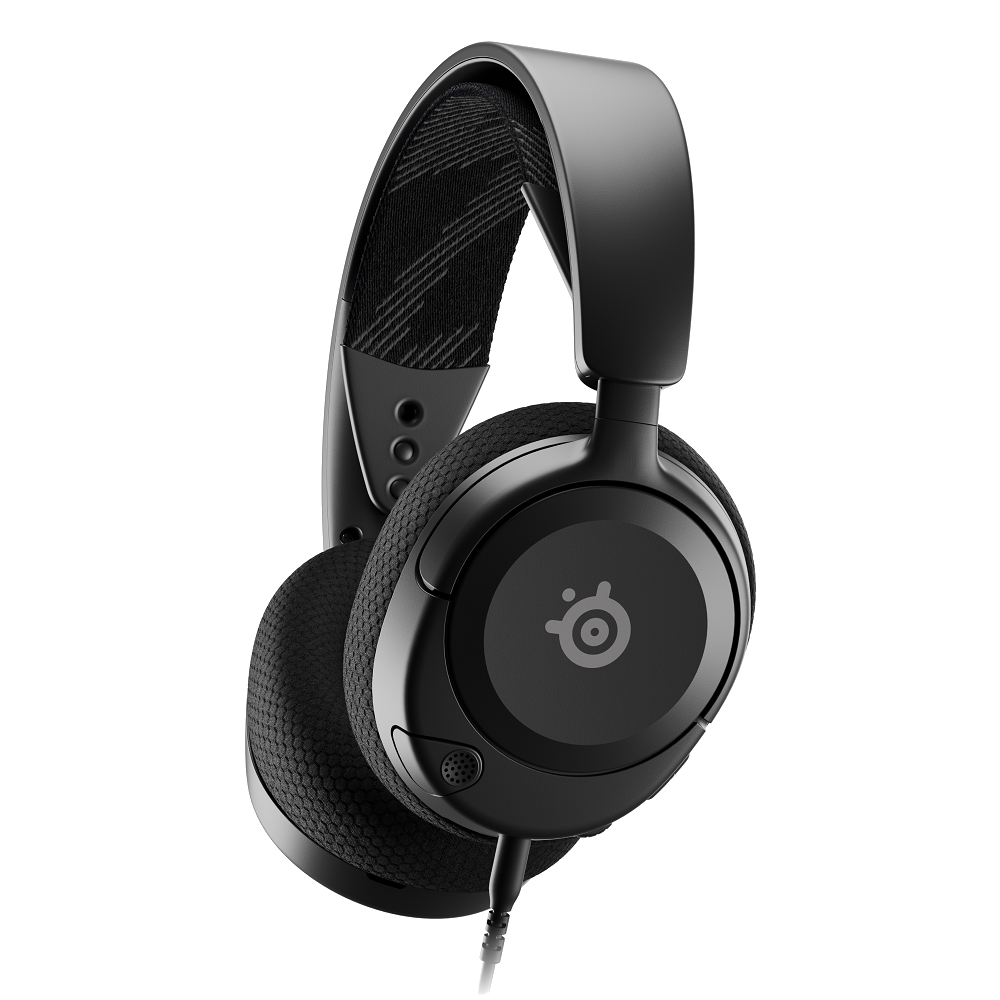 Kulaklık başlıklarında dairesel bir tasarıma sahip siyah kulaklıklar, beyaz bir arka plan üzerinde.