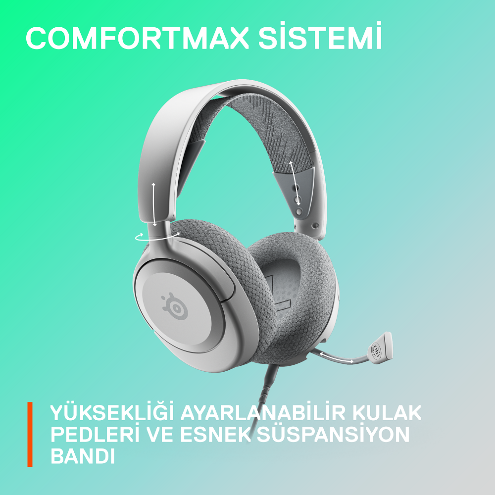 Mikrofonlu beyaz bir kulaklık, 'Comfortmax Sistemi' etiketli.