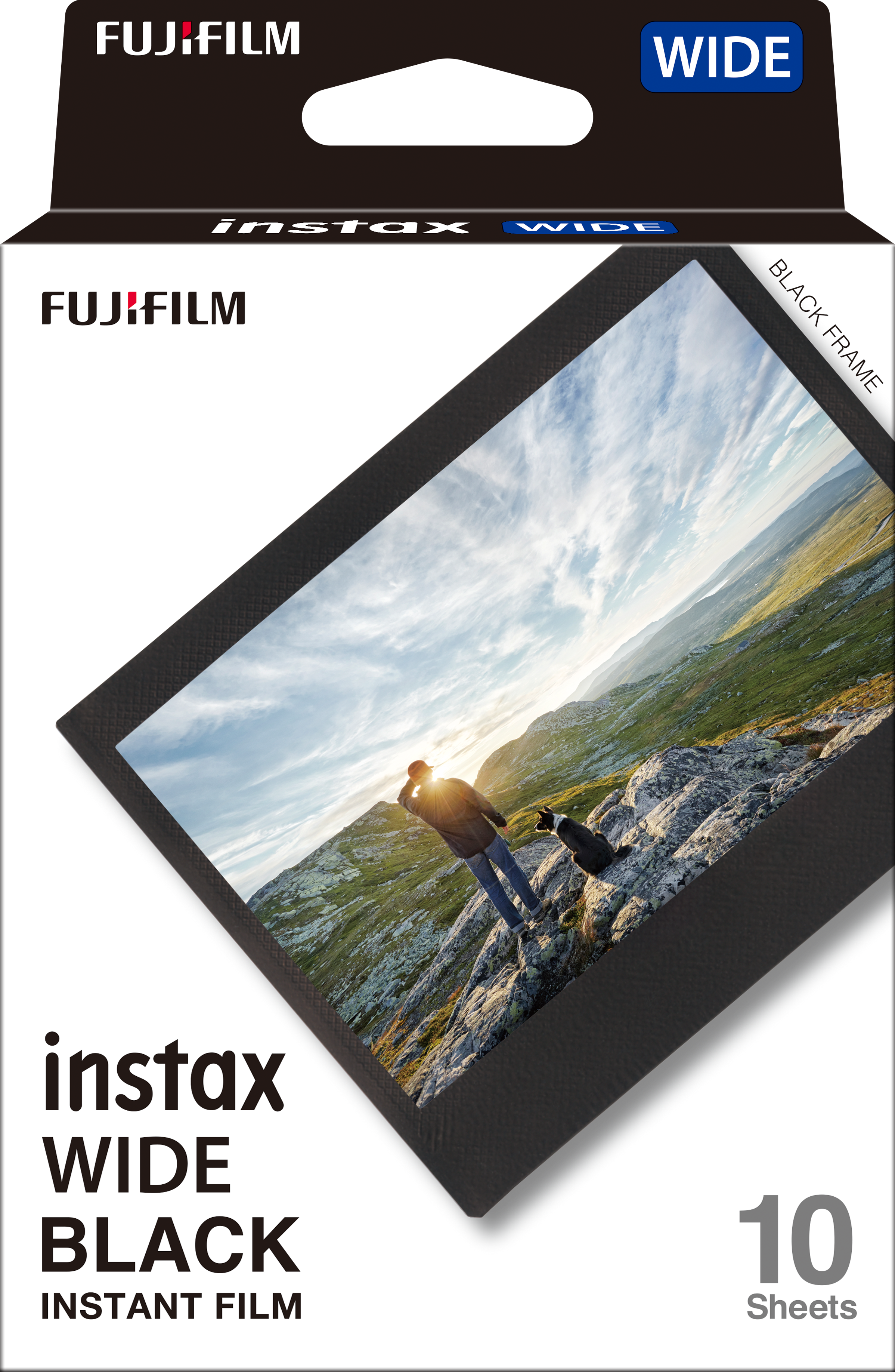 Bir kişi, köpek ve manzara fotoğrafı içeren Instax Wide film kutusu.