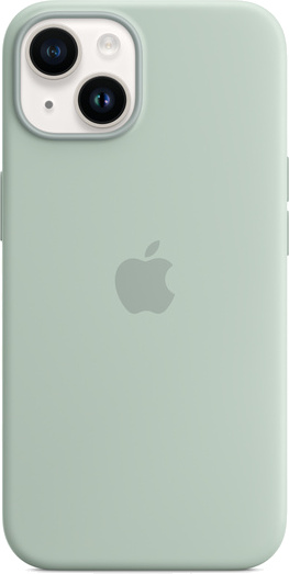 Een lichtgroene iPhone 14-hoes met een glad oppervlak. Het Apple-logo staat in het midden.