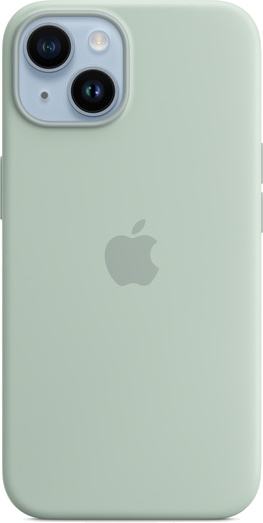 Een lichtgroene iPhone-hoes met het Apple-logo, op een witte achtergrond.