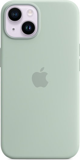 Achterkant van een groene telefoonhoes met een camera-uitsparing en een Apple-logo.