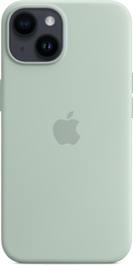 Achterkant van een groene telefoon met een Apple-logo. De telefoon heeft cameralenzen in de linkerbovenhoek.