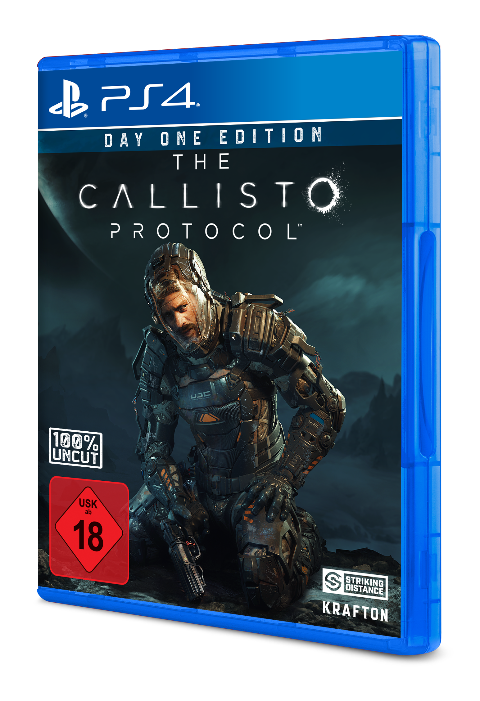 PS4-Spielbox mit einem Mann in einem Anzug. Der Titel lautet The Callisto Protocol.
