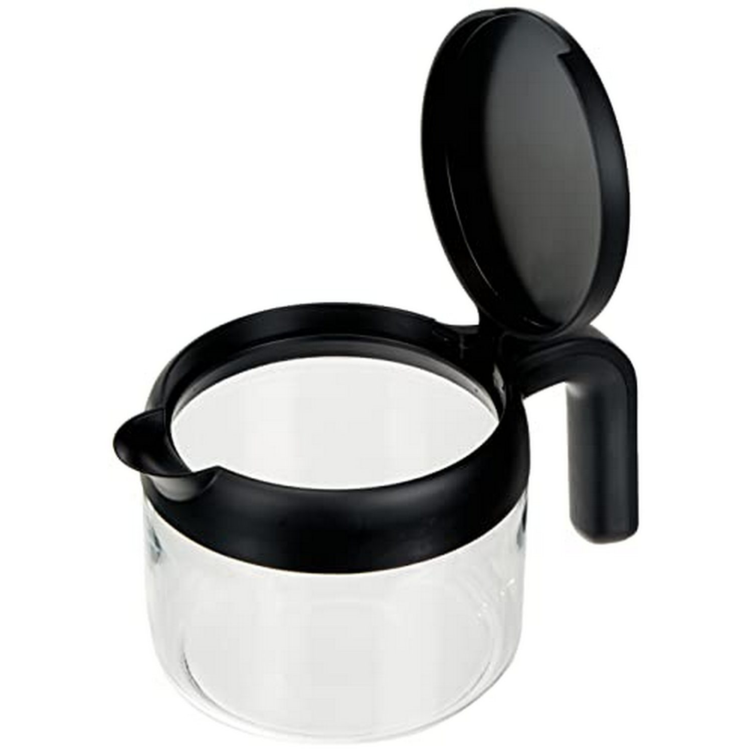 Tarro de cristal con tapa negra. La tapa está abierta y el tarro vacío. Fondo blanco.