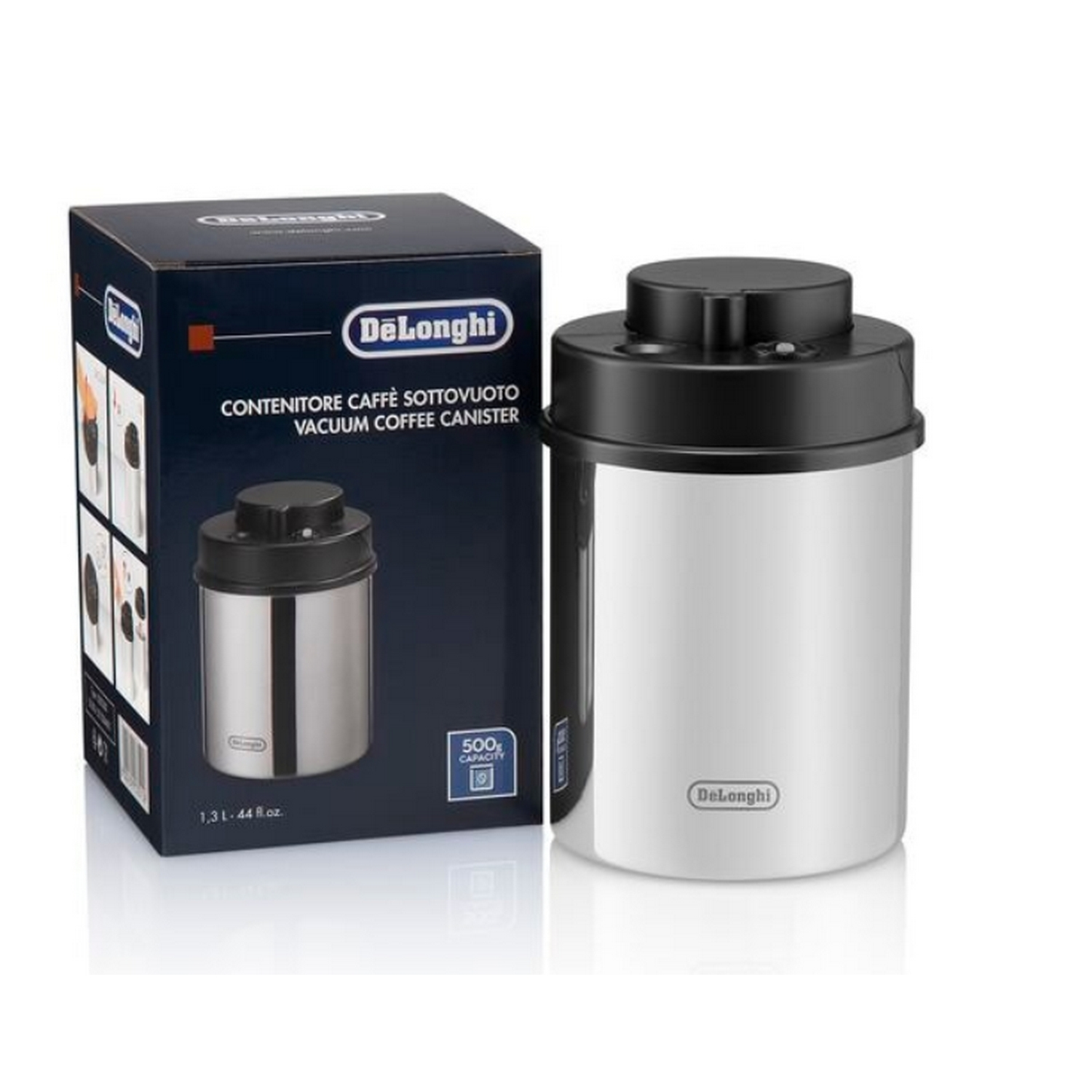 Contenedor de café al vacío DeLonghi y caja. El bote es plateado y negro.