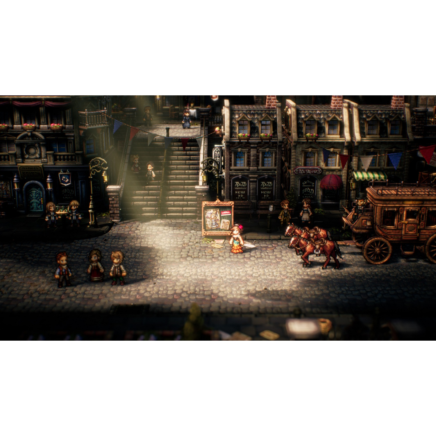 Escena de videojuego. Una persona en un patio, rodeada de soldados. Bandera morada arriba.