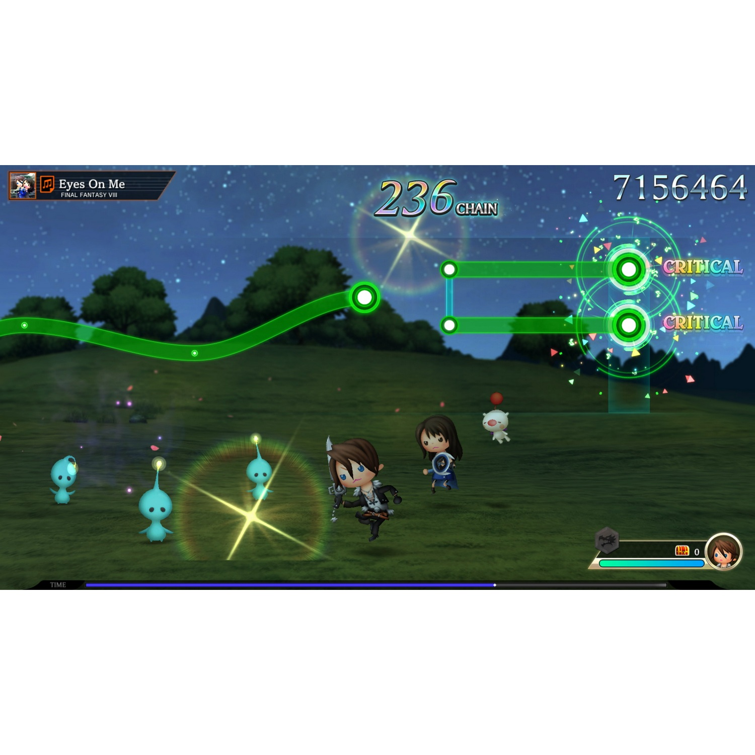 Una escena de videojuego con personajes en un campo, notas musicales.