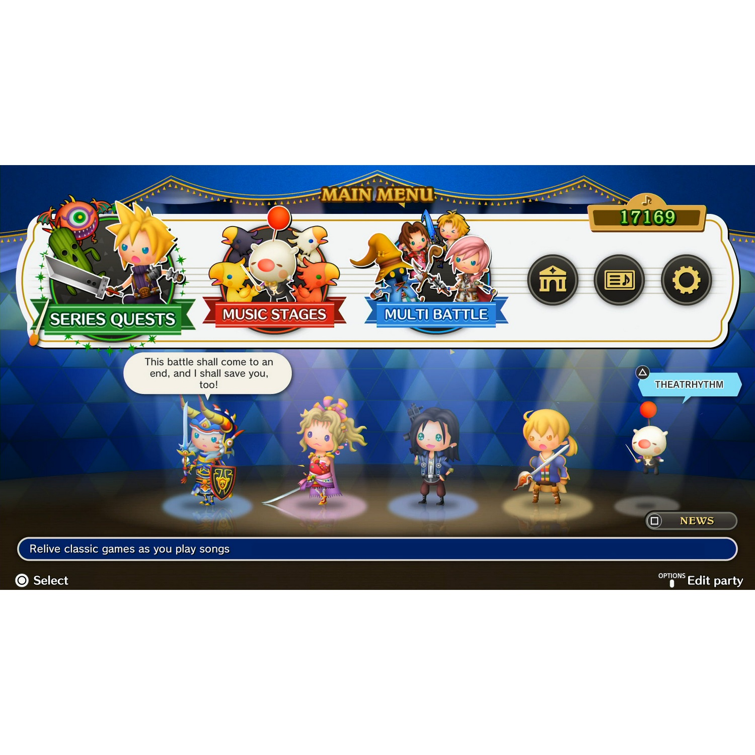 Interfaz del juego Final Fantasy con personajes y opciones de menú.