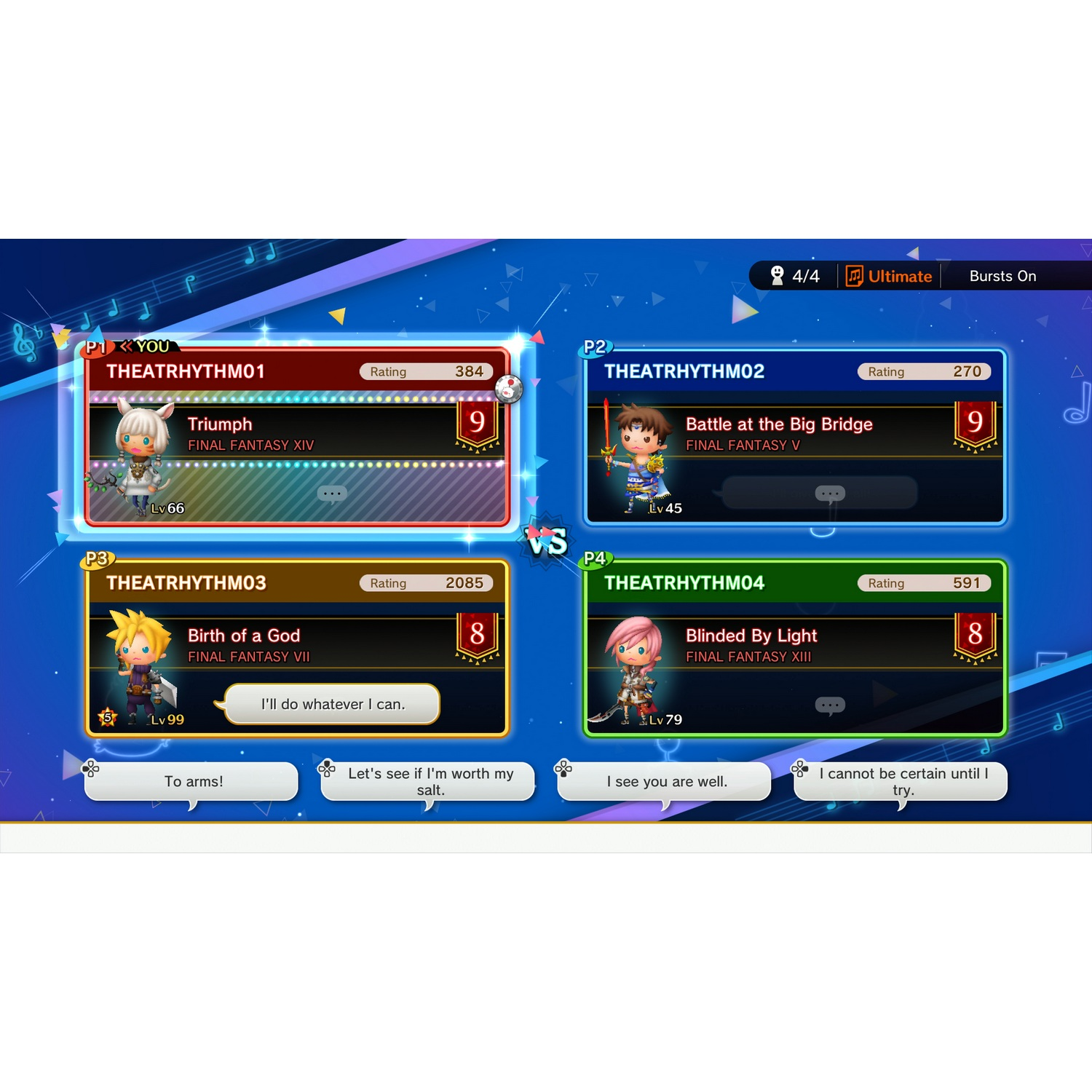 Una pantalla de juego con cuatro jugadores, cada uno con un personaje y una puntuación.