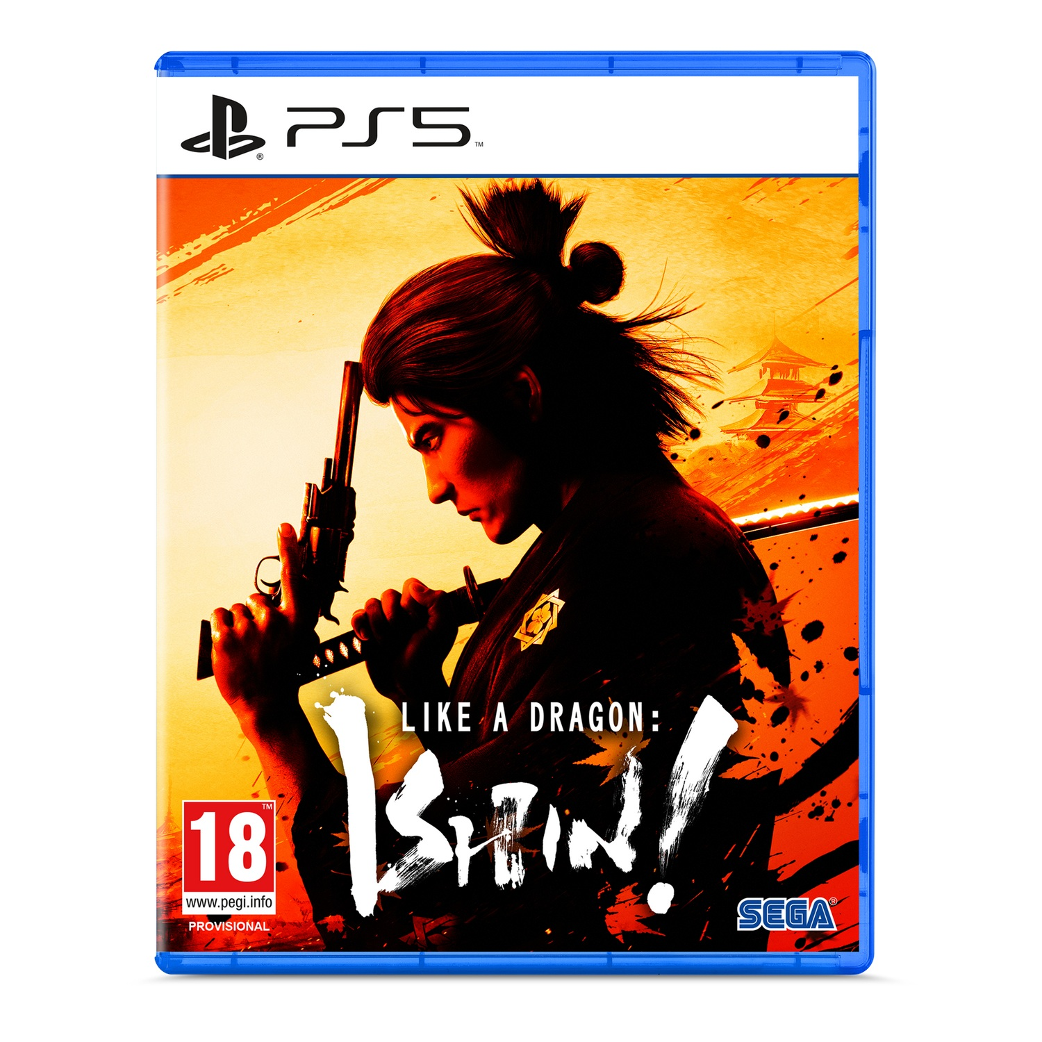Caja de juego PS5. Portada con un samurái con pistola, título: Like a Dragon: Ishin! Logo Sega.