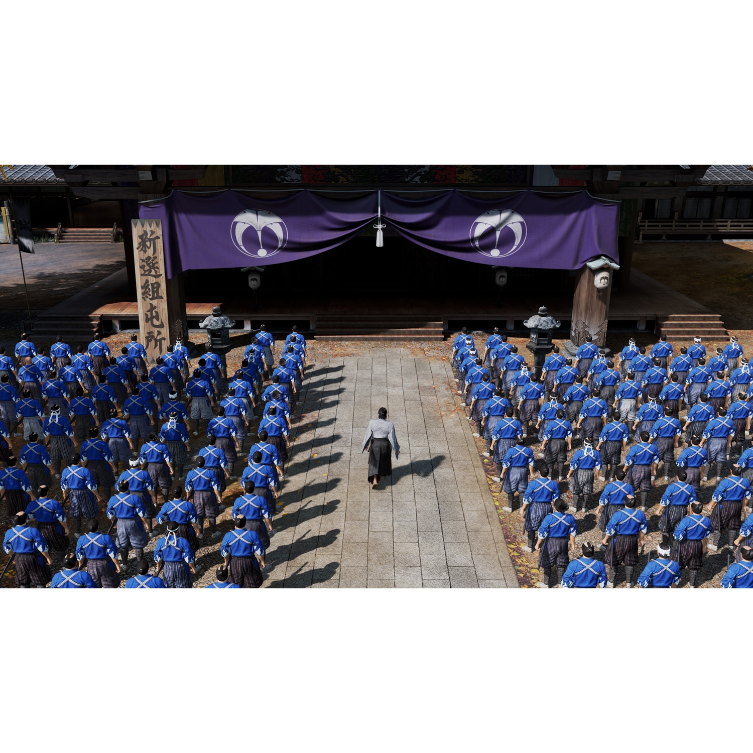 Un grupo de soldados con uniformes azules frente a una figura central en un entorno histórico.