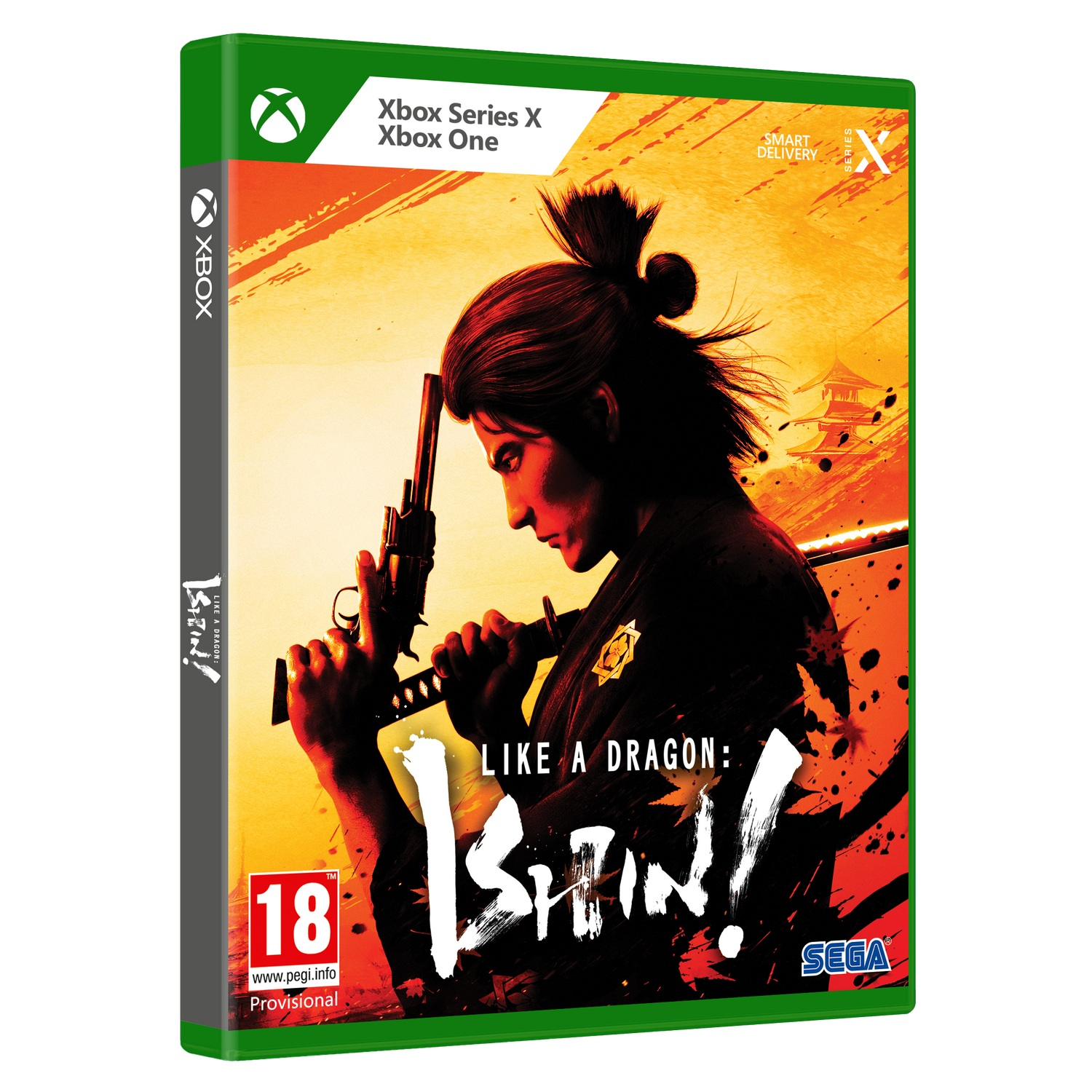 Caja de videojuego. Un hombre con un arma. El título es Like a Dragon: Ishin!