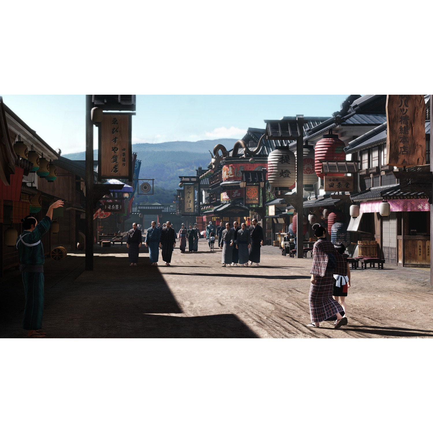 Escena callejera japonesa con edificios, faroles y gente caminando.