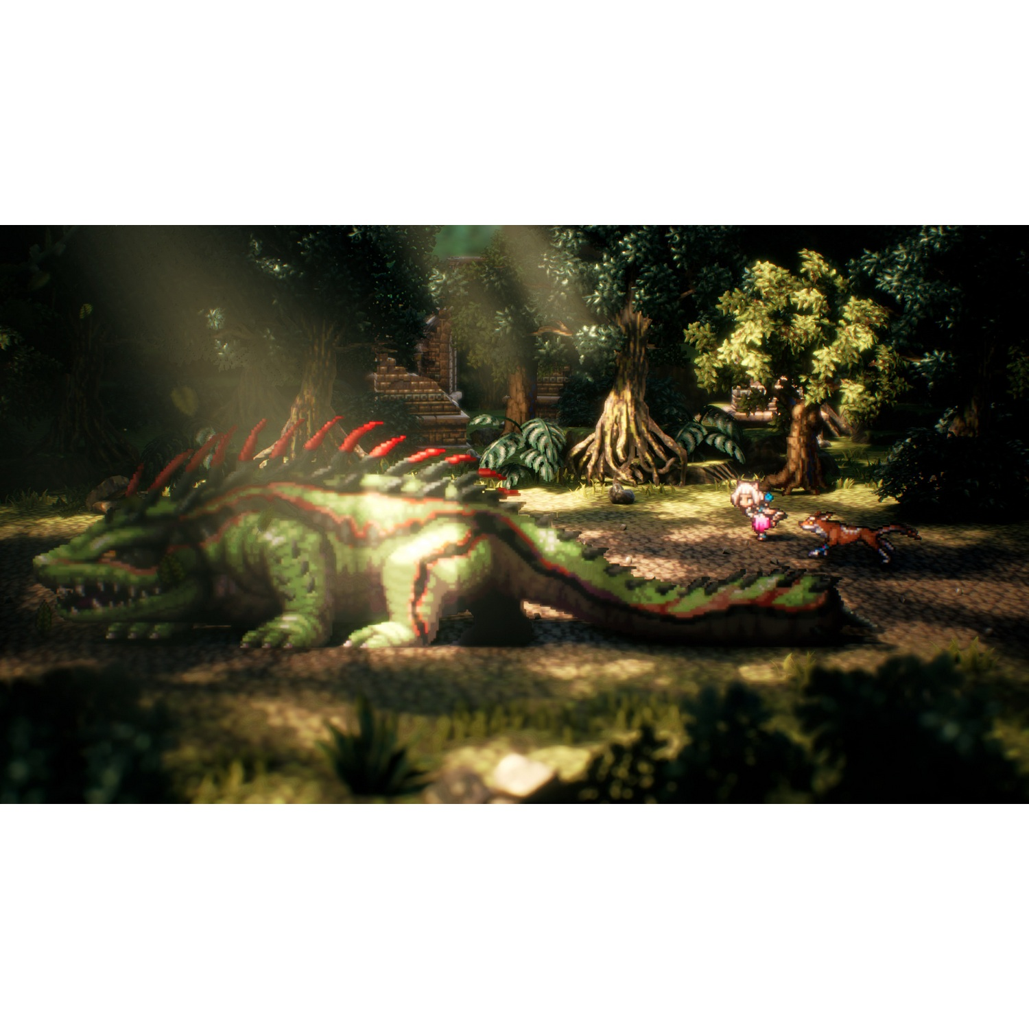 Un dragón verde en un bosque, con dos personajes y un zorro corriendo cerca.