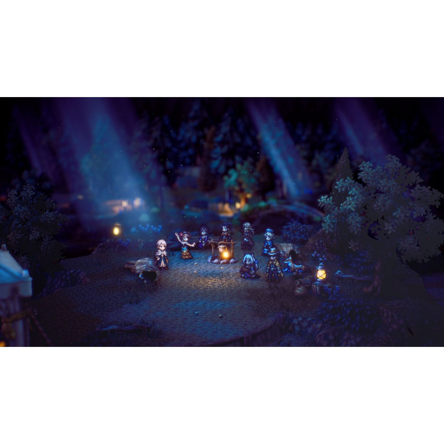 Un grupo de figuras reunidas alrededor de una fogata en un bosque oscuro, iluminadas por una luz tenue.