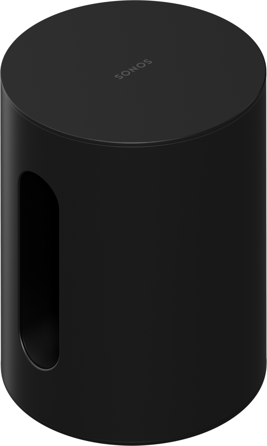 Caisson de basses Sonos noir. Forme cylindrique avec une découpe latérale.
