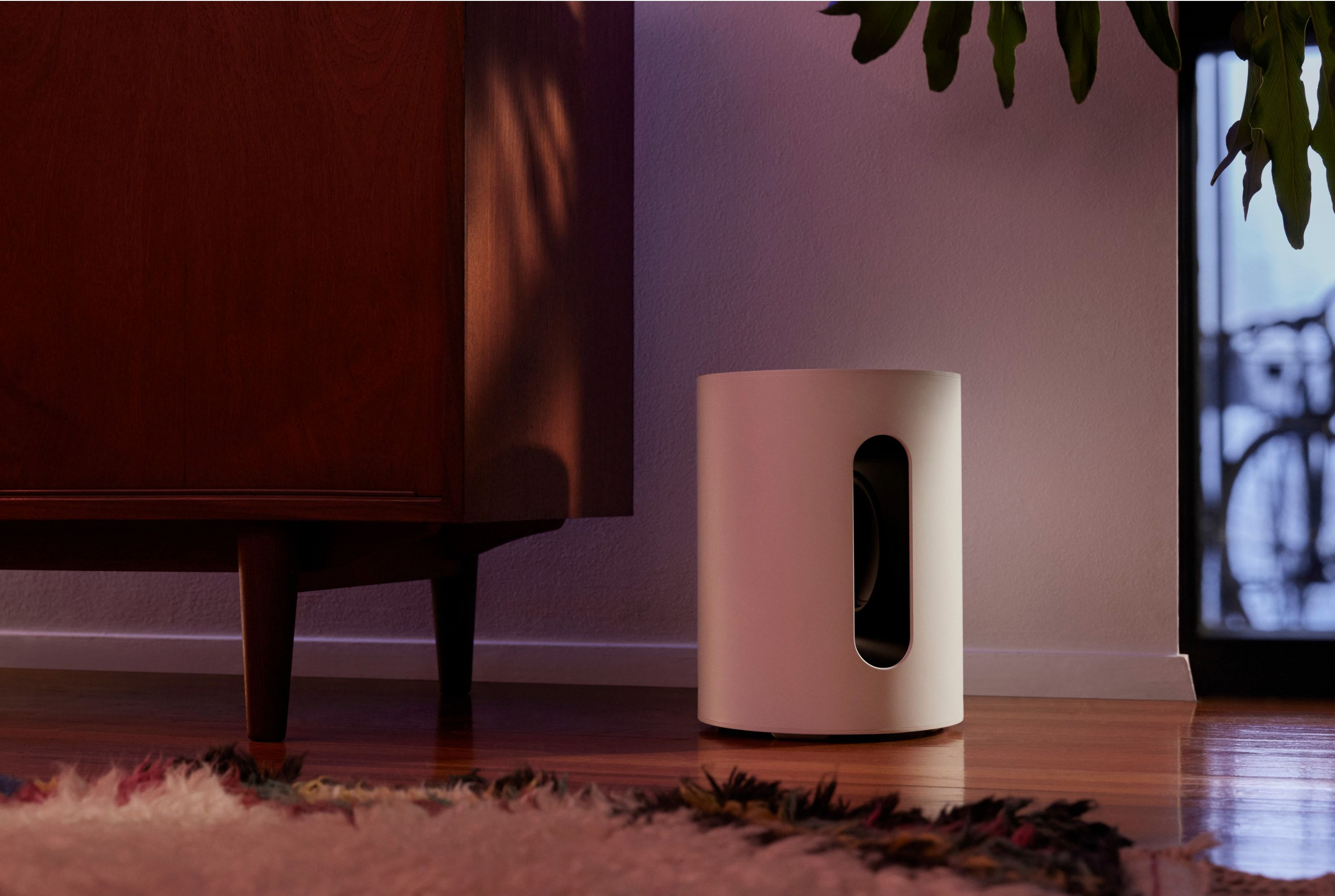 Un subwoofer bianco accanto a un mobile in legno. Pianta nell'angolo e tappeto sul pavimento.