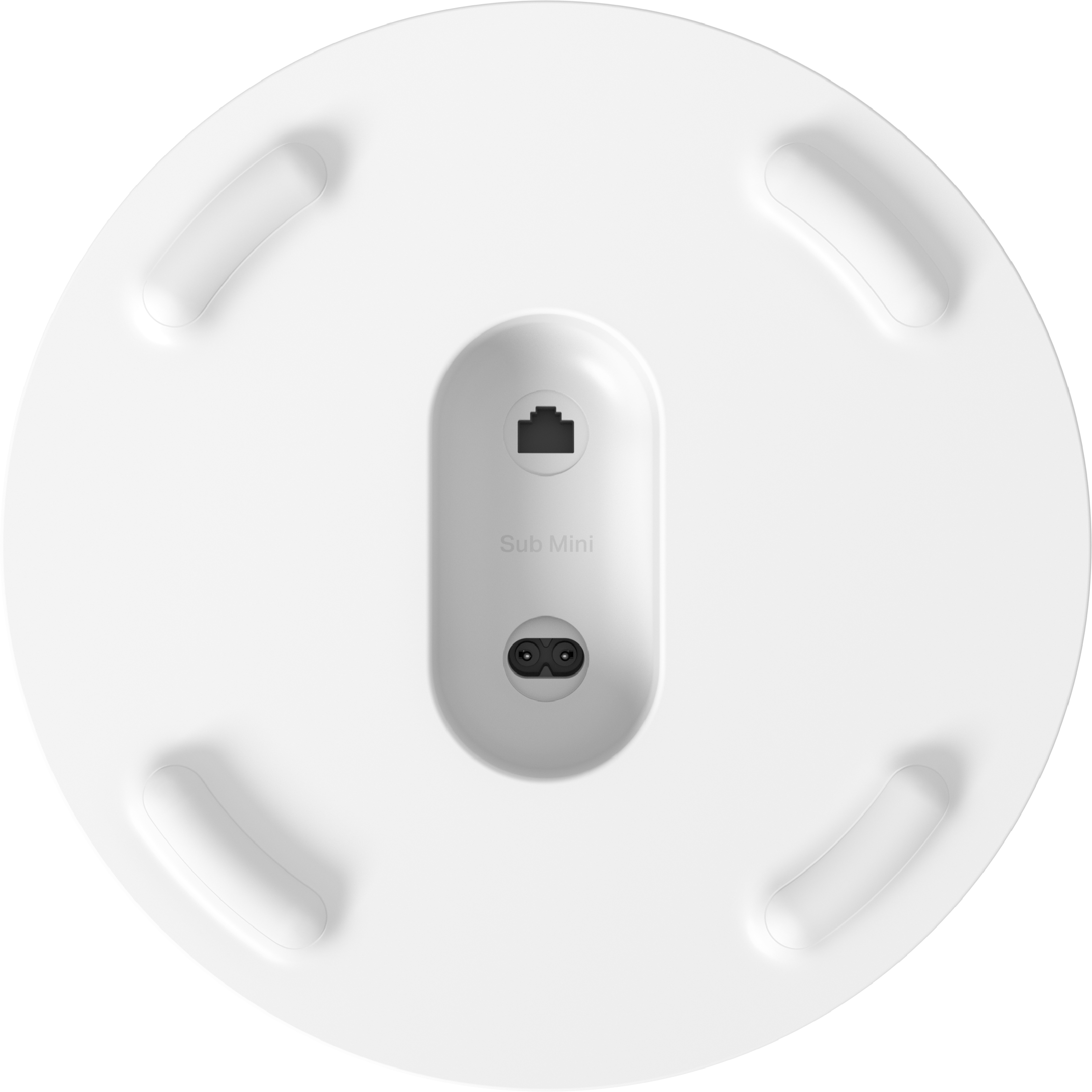La parte inferiore di un Sonos Sub Mini bianco, con porte e piedini in gomma.