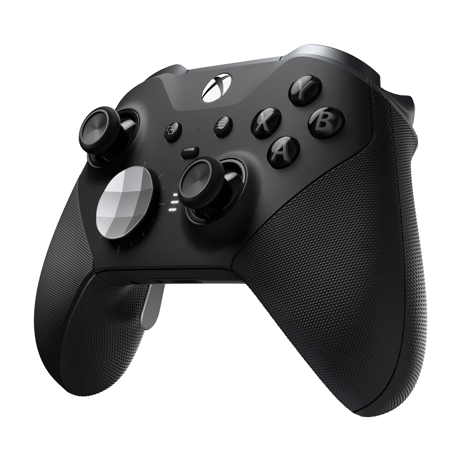 Un controller Xbox Elite Series 2 nero su sfondo bianco, vista angolata.