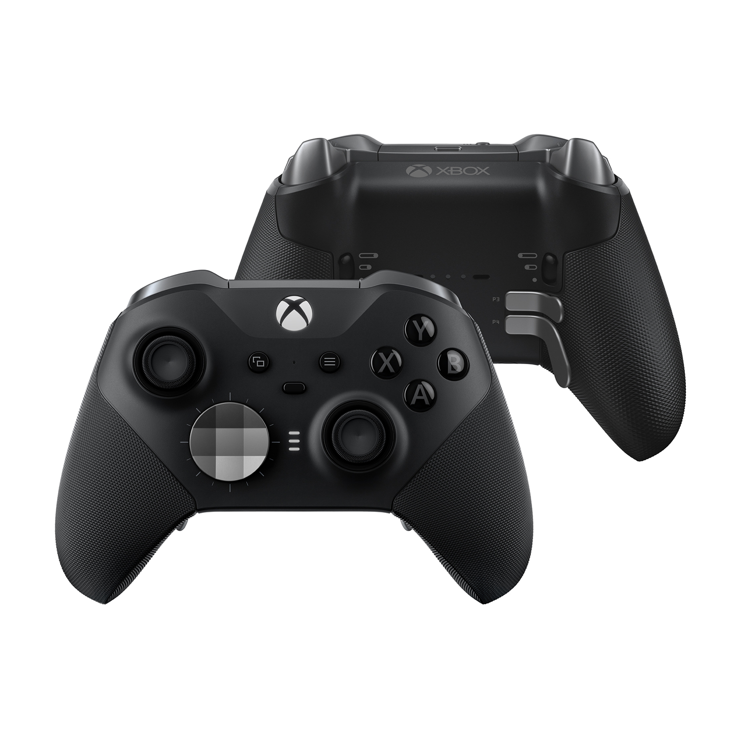 Due controller XBOX neri, uno che mostra la parte anteriore e l'altro la parte posteriore.