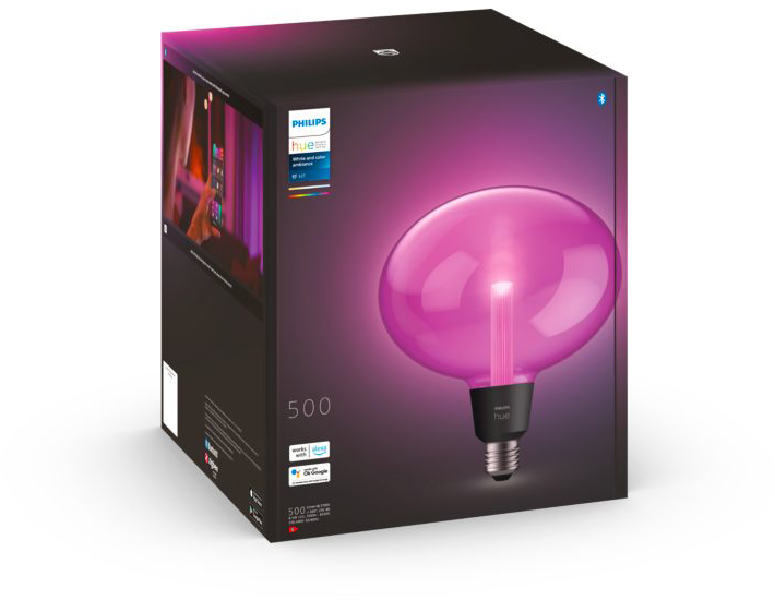 A large, pink bulb inside a black box with the Philips Hue logo.