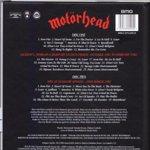 Dos d'un boîtier CD de Motörhead avec liste des titres et infos du groupe.