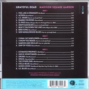 Rückseite einer CD-Hülle mit Titellisten für ein Grateful Dead-Album, in Schwarz, Weiß und Rosa.